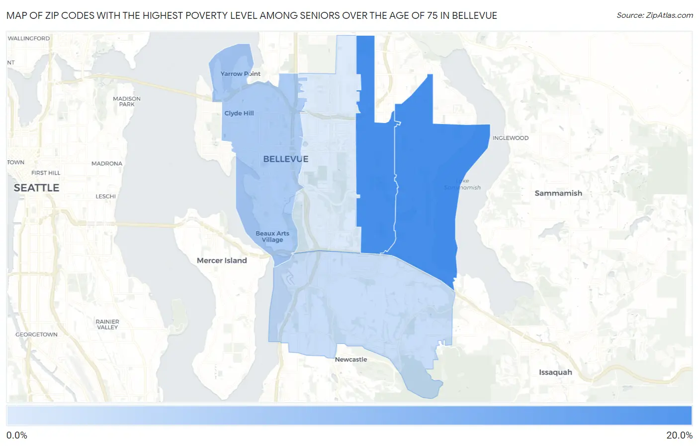 Zip Codes with the Highest Poverty Level Among Seniors Over the Age of 75 in Bellevue Map