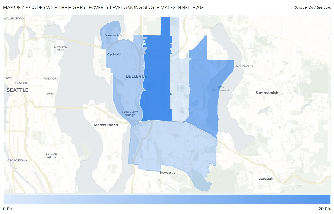 Zip Codes with the Highest Poverty Level Among Single Males in Bellevue Map