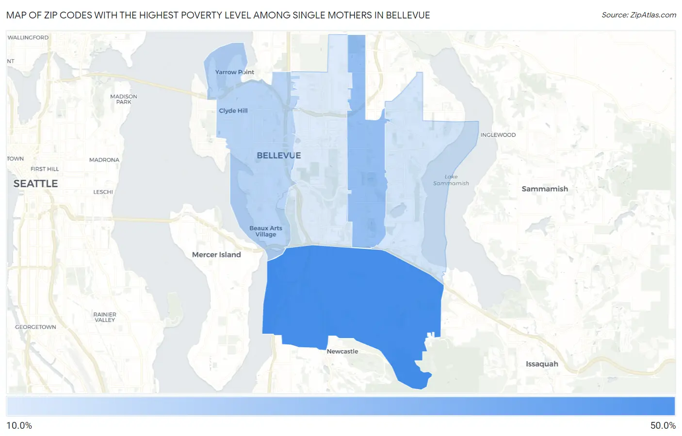 Zip Codes with the Highest Poverty Level Among Single Mothers in Bellevue Map
