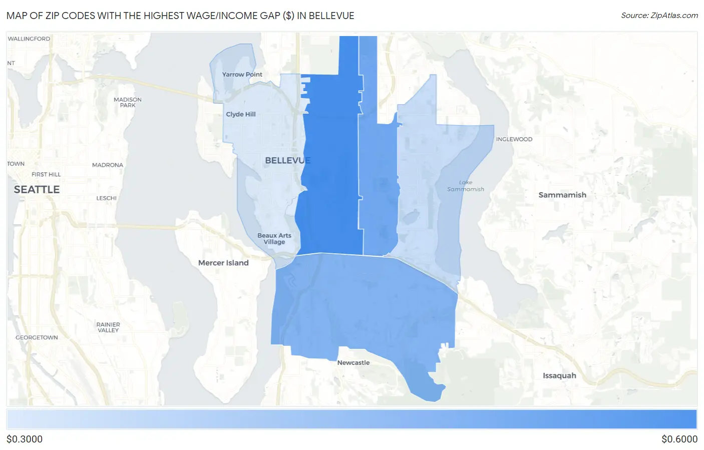 Zip Codes with the Highest Wage/Income Gap ($) in Bellevue Map