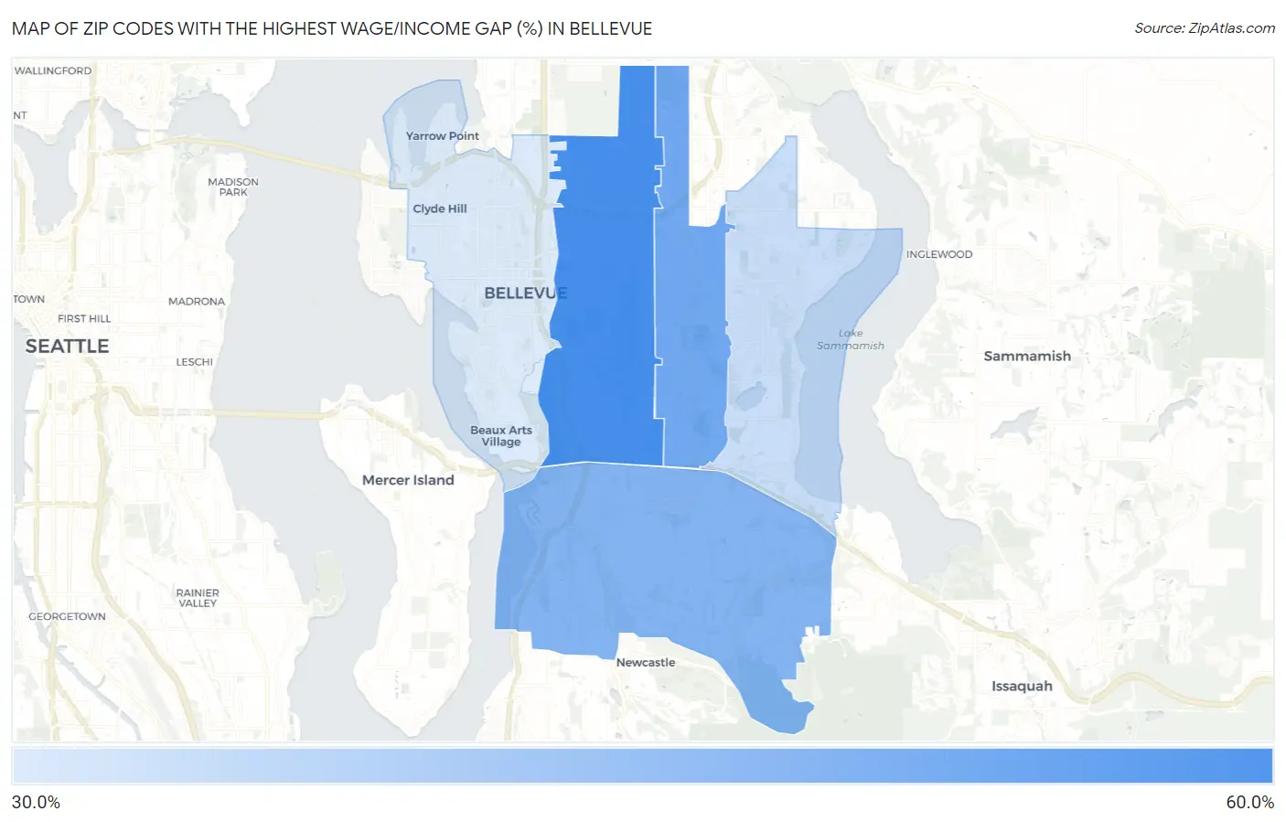 Zip Codes with the Highest Wage/Income Gap (%) in Bellevue Map