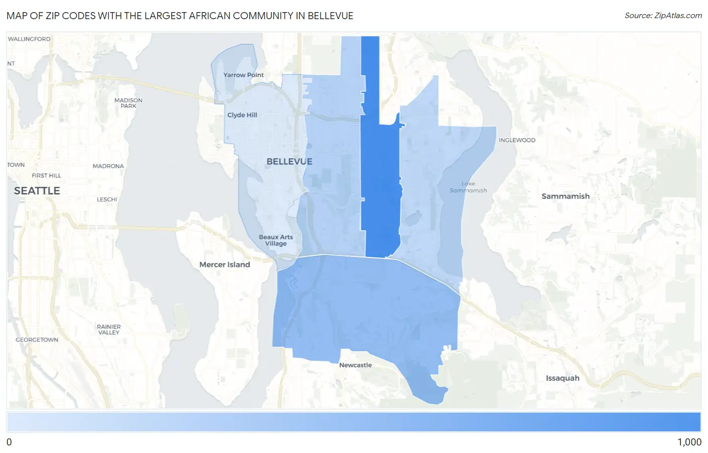 Zip Codes with the Largest African Community in Bellevue Map