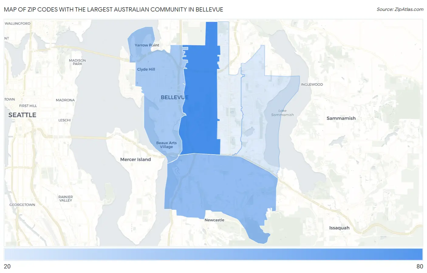 Zip Codes with the Largest Australian Community in Bellevue Map