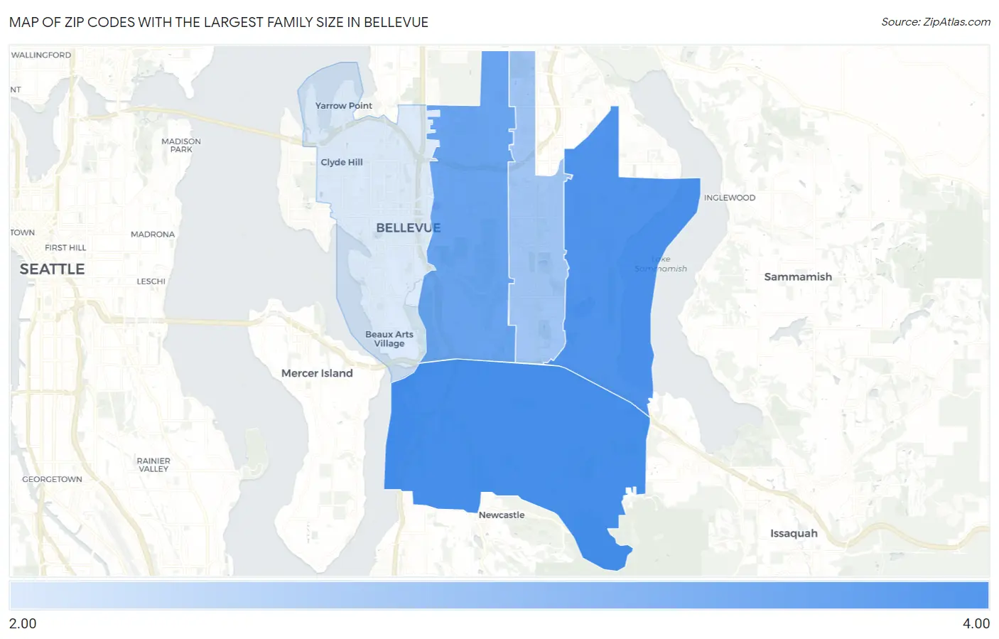 Zip Codes with the Largest Family Size in Bellevue Map