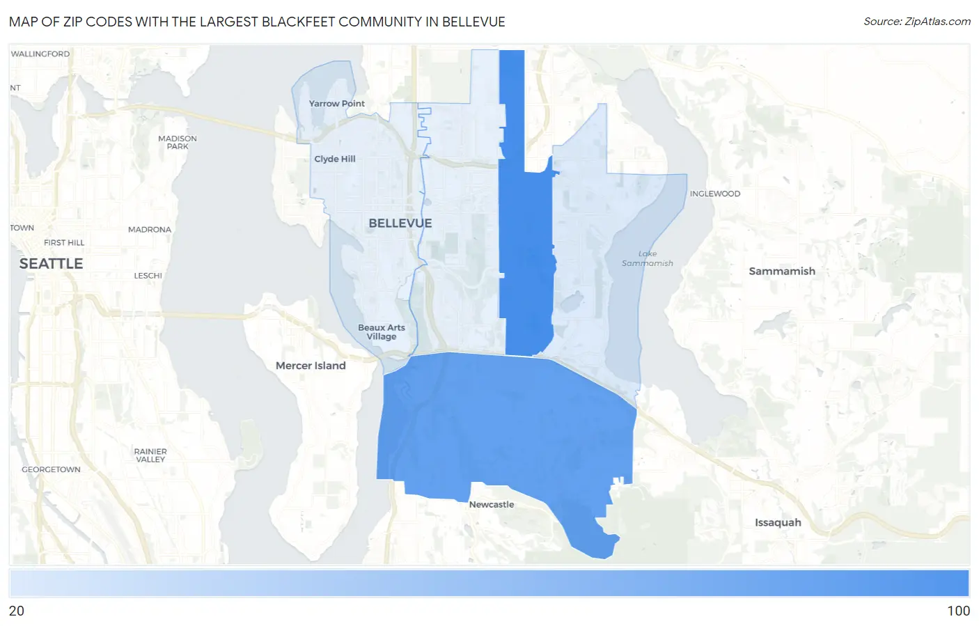Zip Codes with the Largest Blackfeet Community in Bellevue Map