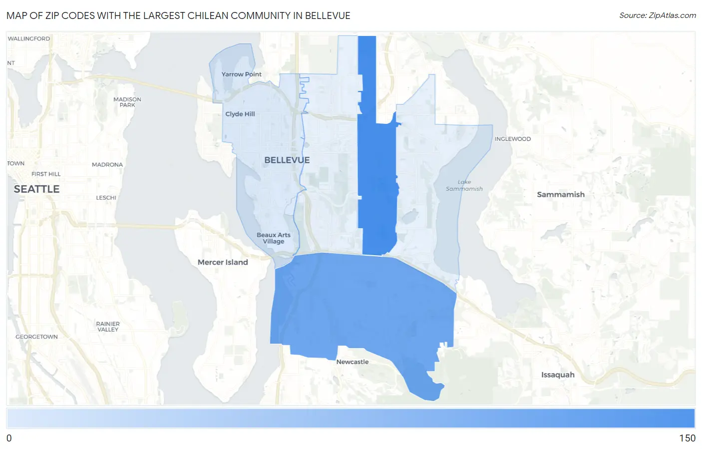 Zip Codes with the Largest Chilean Community in Bellevue Map