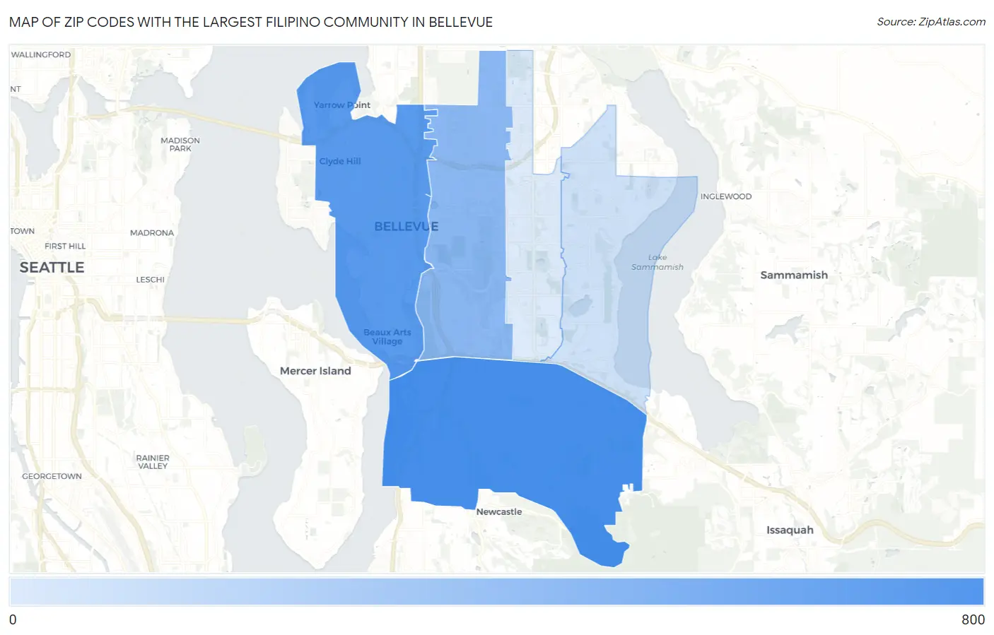 Zip Codes with the Largest Filipino Community in Bellevue Map