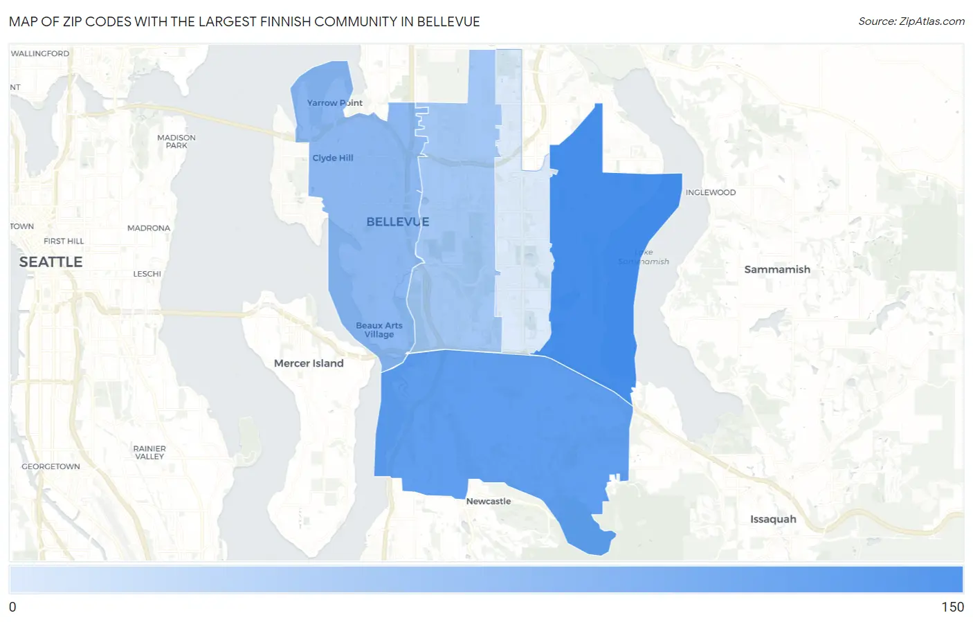 Zip Codes with the Largest Finnish Community in Bellevue Map