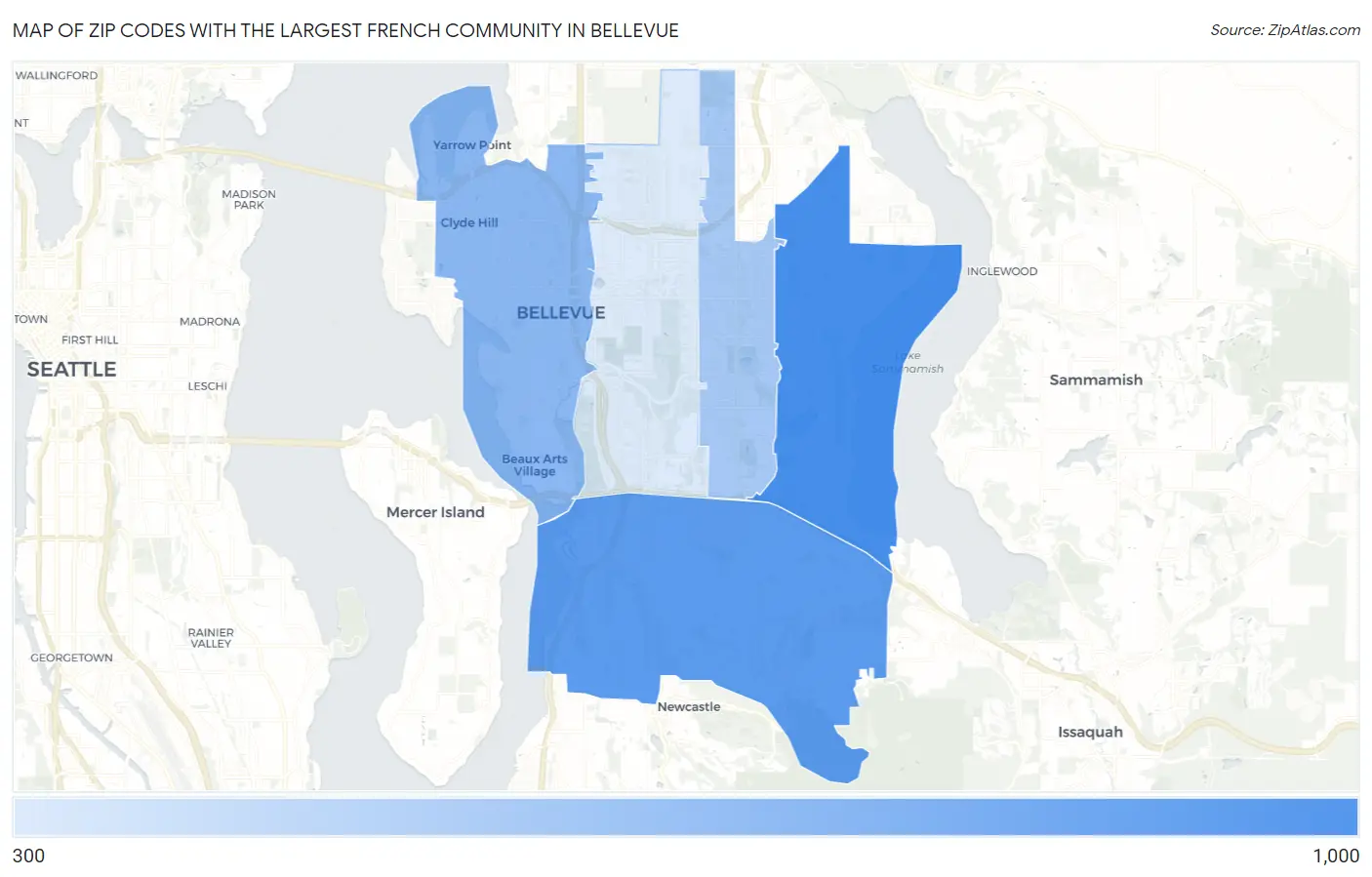 Zip Codes with the Largest French Community in Bellevue Map