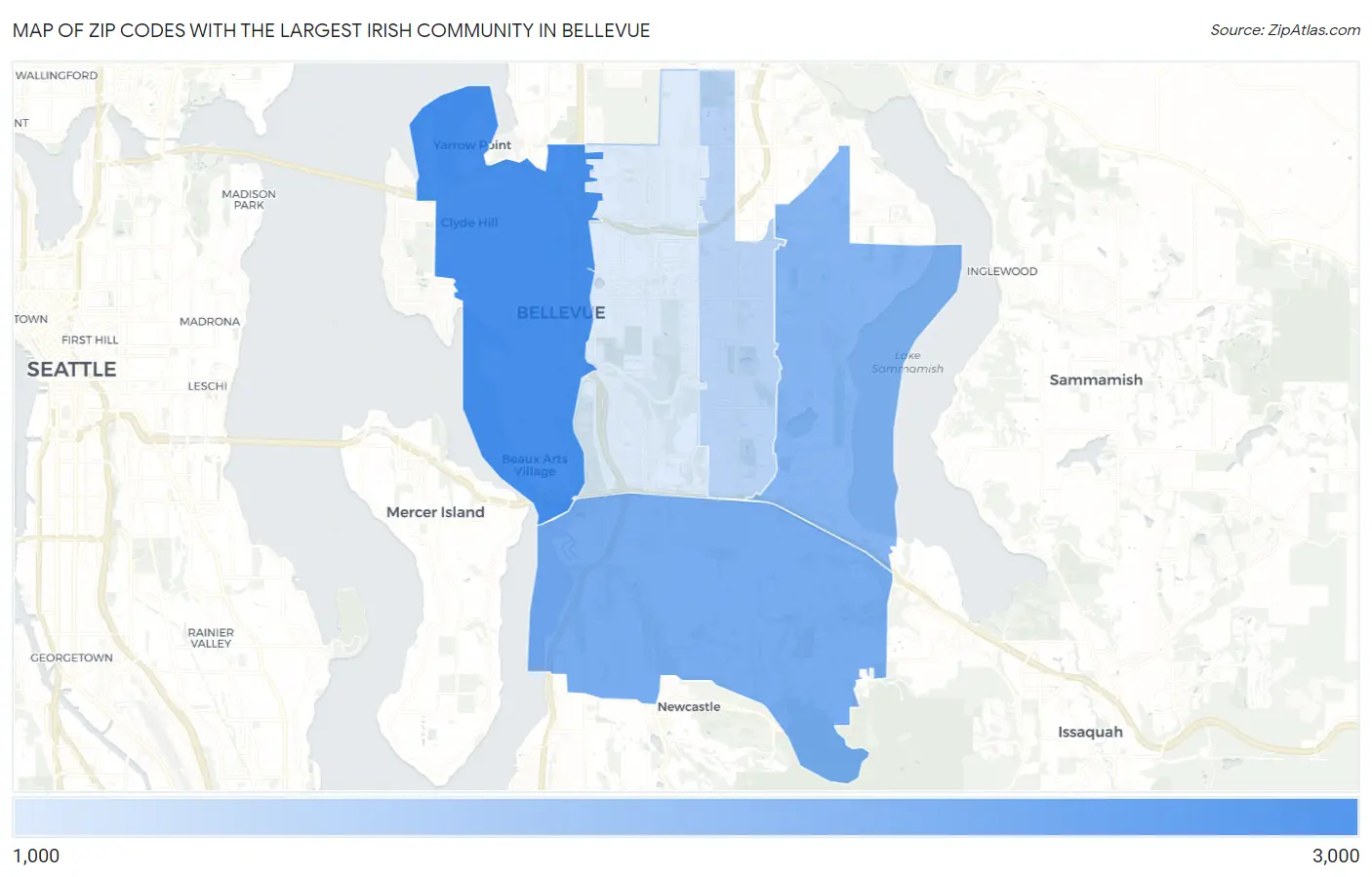 Zip Codes with the Largest Irish Community in Bellevue Map