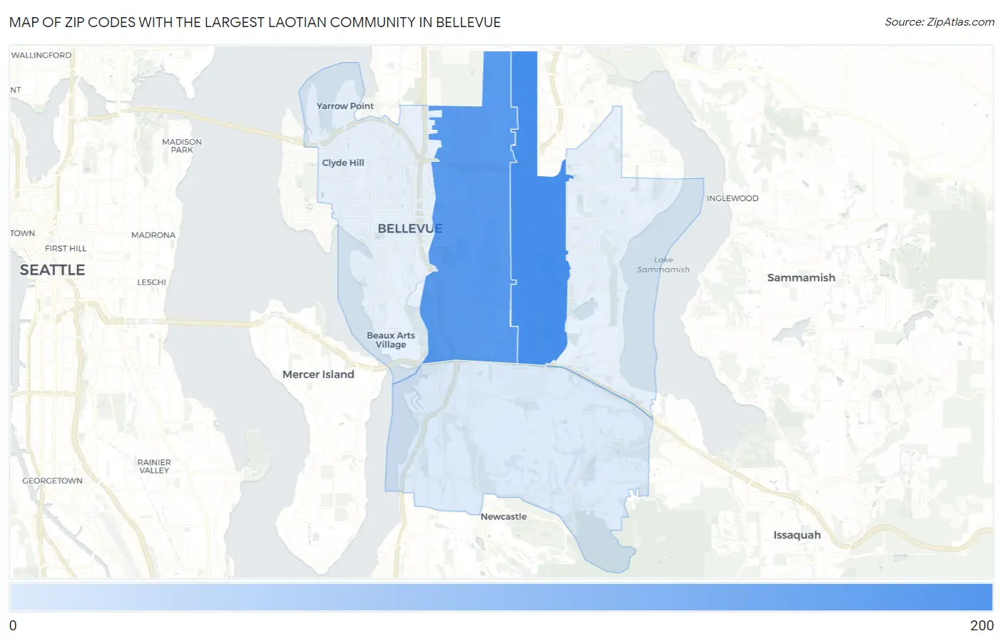 Zip Codes with the Largest Laotian Community in Bellevue Map