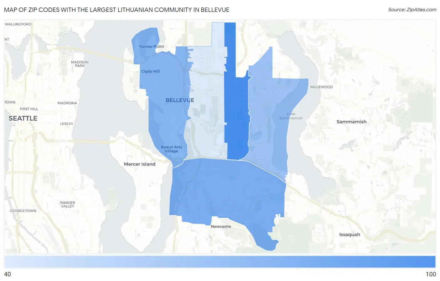Zip Codes with the Largest Lithuanian Community in Bellevue Map