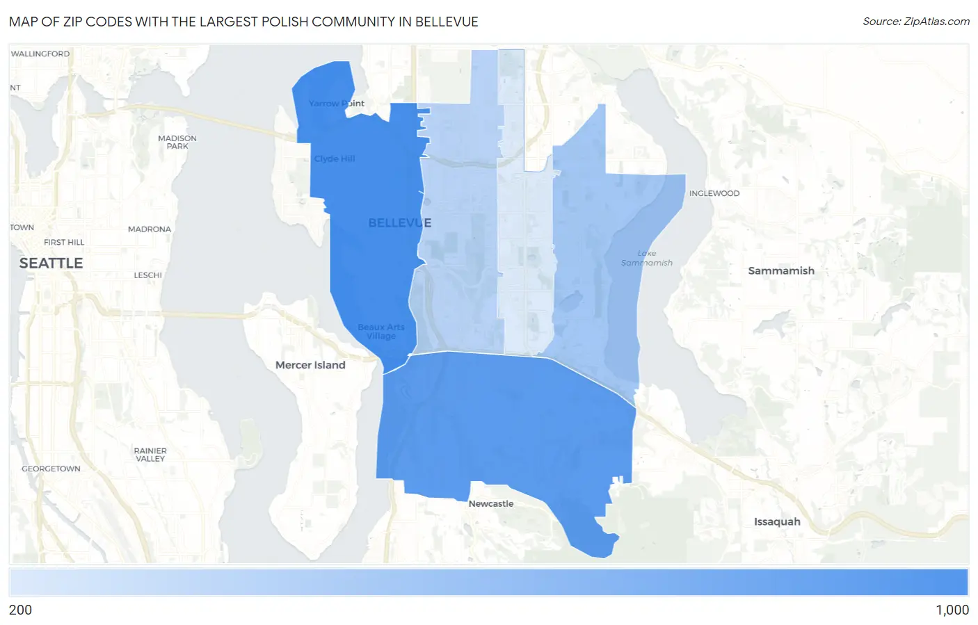 Zip Codes with the Largest Polish Community in Bellevue Map