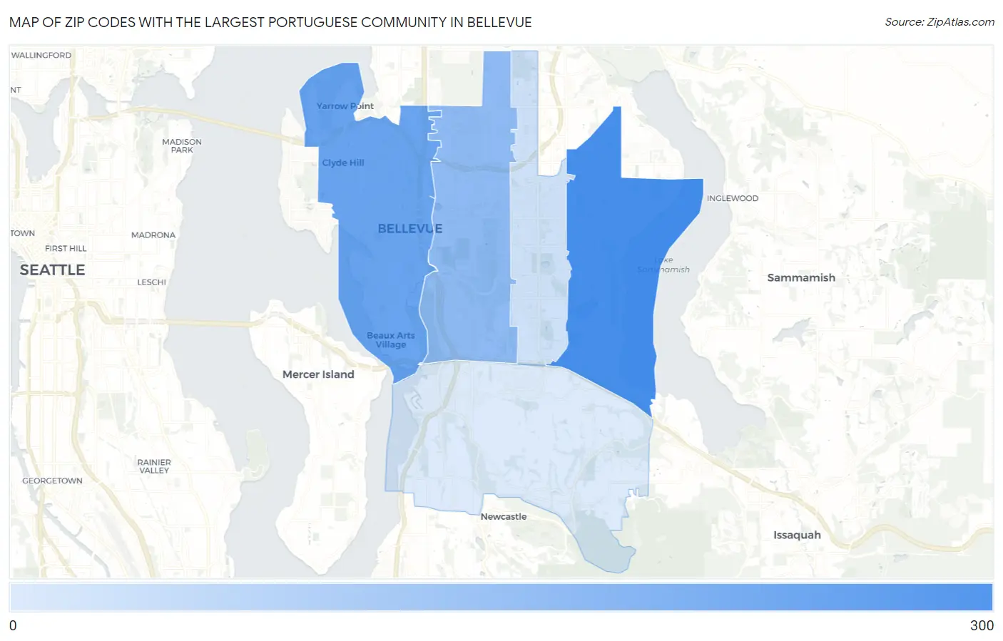 Zip Codes with the Largest Portuguese Community in Bellevue Map