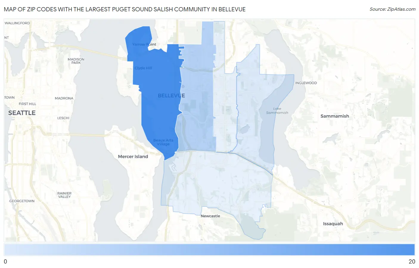 Zip Codes with the Largest Puget Sound Salish Community in Bellevue Map