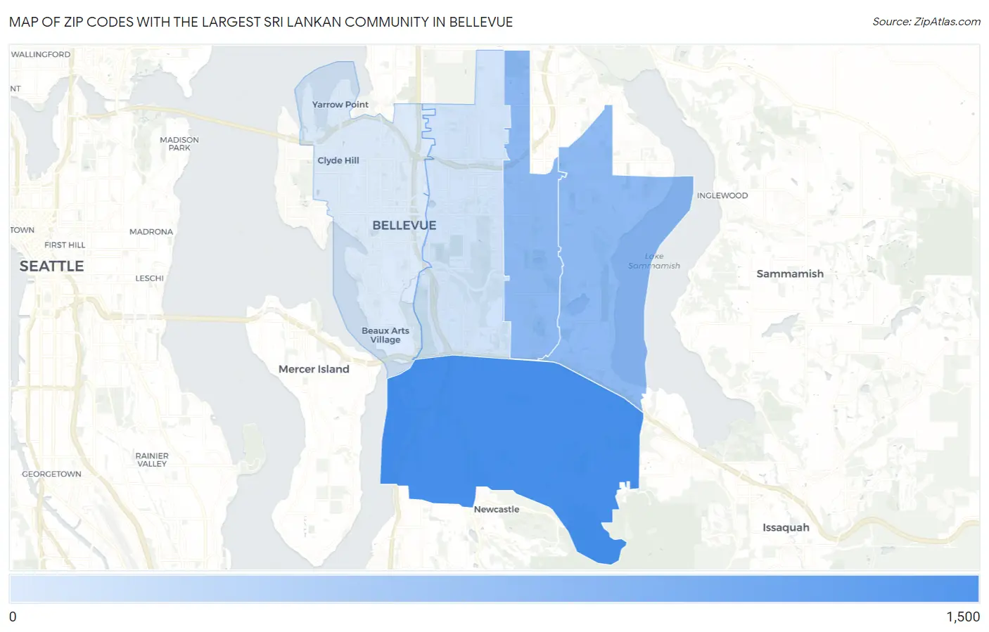 Zip Codes with the Largest Sri Lankan Community in Bellevue Map