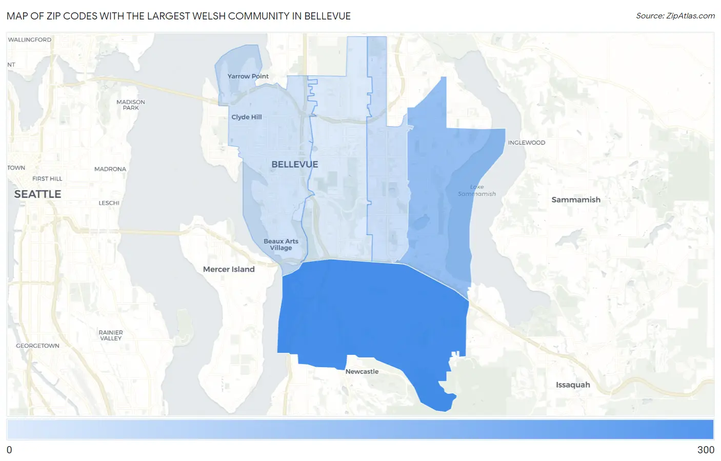 Zip Codes with the Largest Welsh Community in Bellevue Map