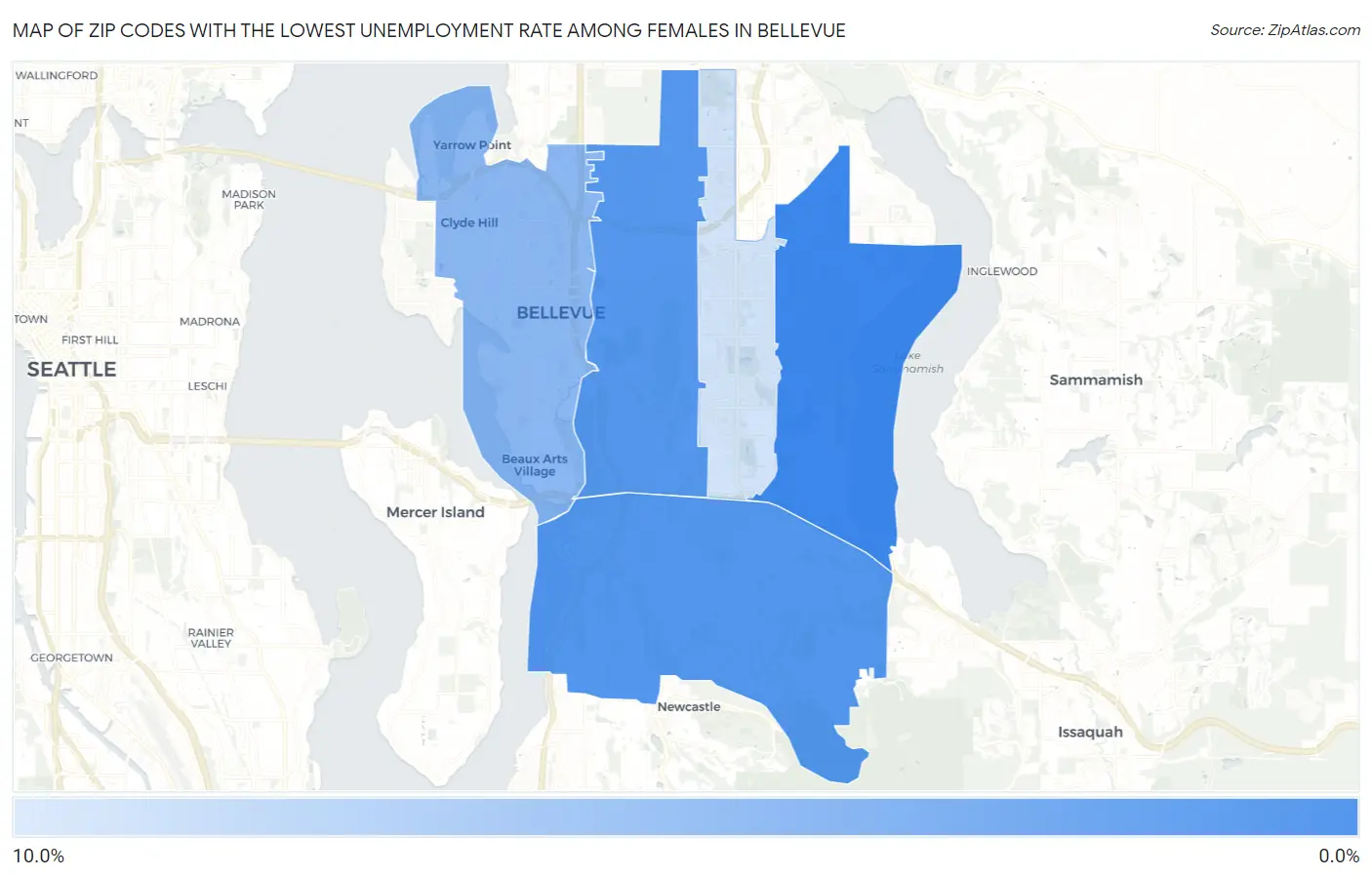 Zip Codes with the Lowest Unemployment Rate Among Females in Bellevue Map