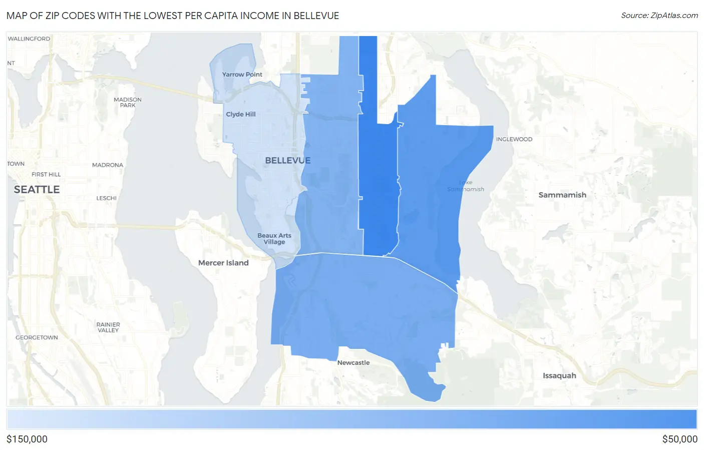 Zip Codes with the Lowest Per Capita Income in Bellevue Map