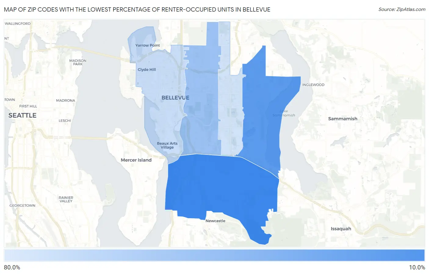 Zip Codes with the Lowest Percentage of Renter-Occupied Units in Bellevue Map