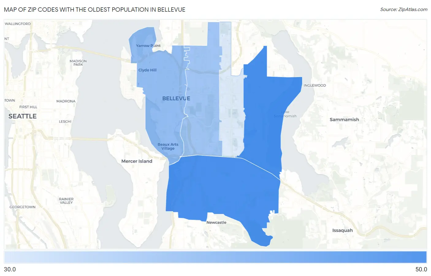 Zip Codes with the Oldest Population in Bellevue Map
