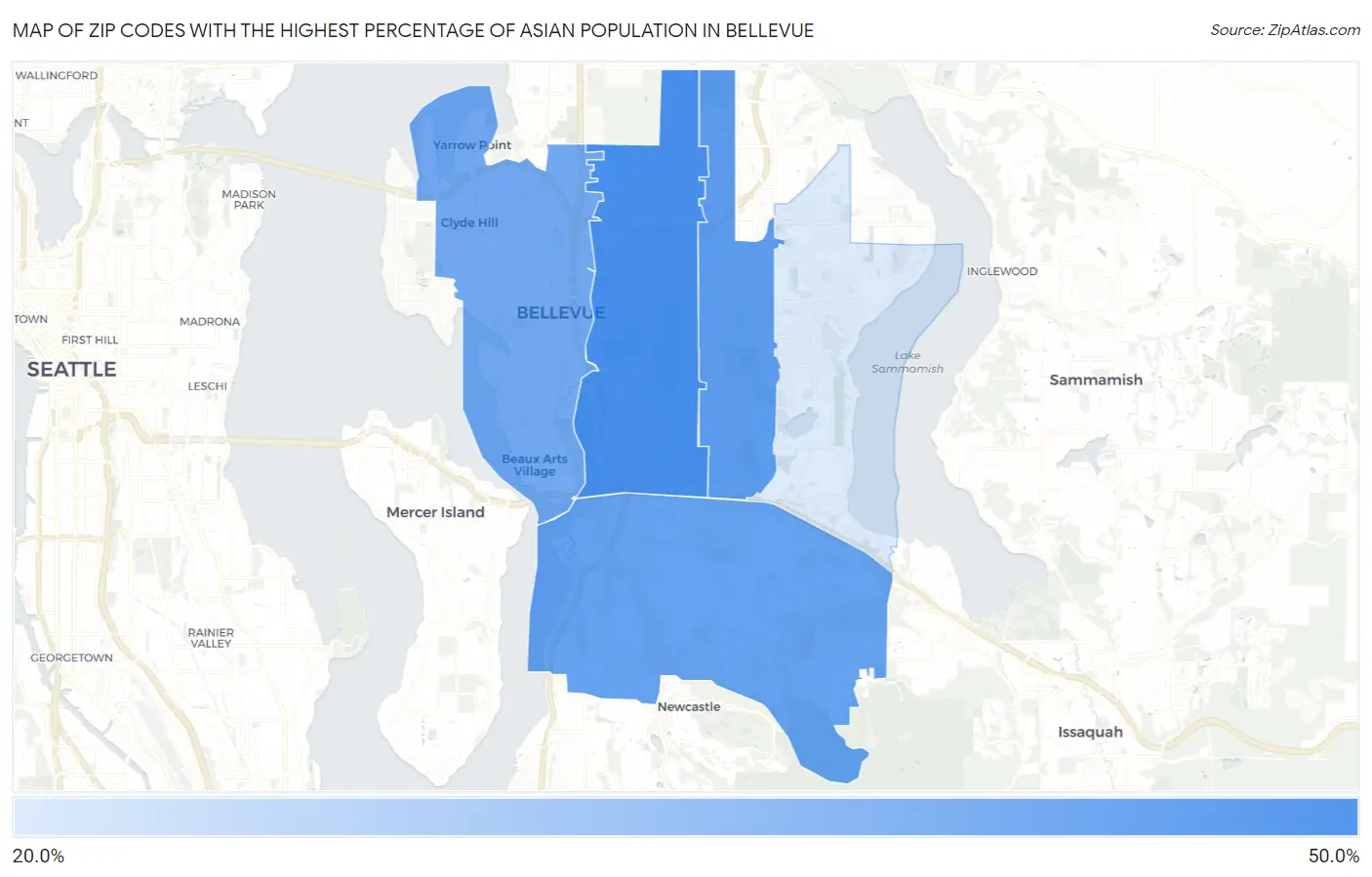 Zip Codes with the Highest Percentage of Asian Population in Bellevue Map