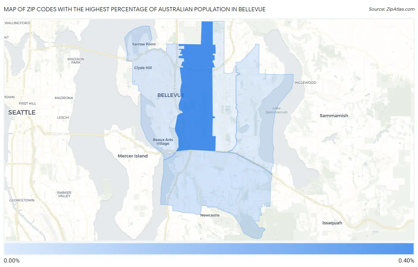 Zip Codes with the Highest Percentage of Australian Population in Bellevue Map