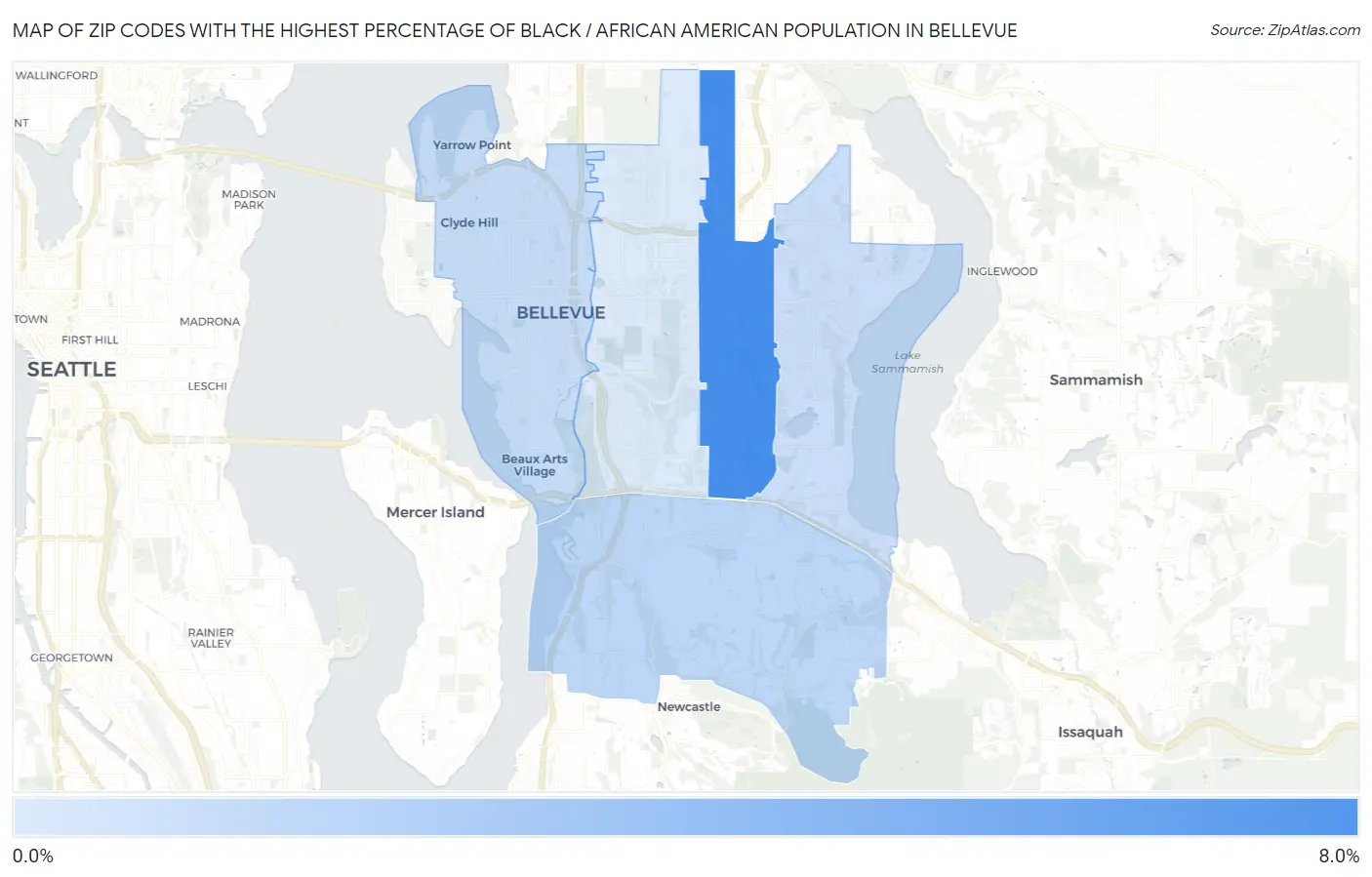 Zip Codes with the Highest Percentage of Black / African American Population in Bellevue Map