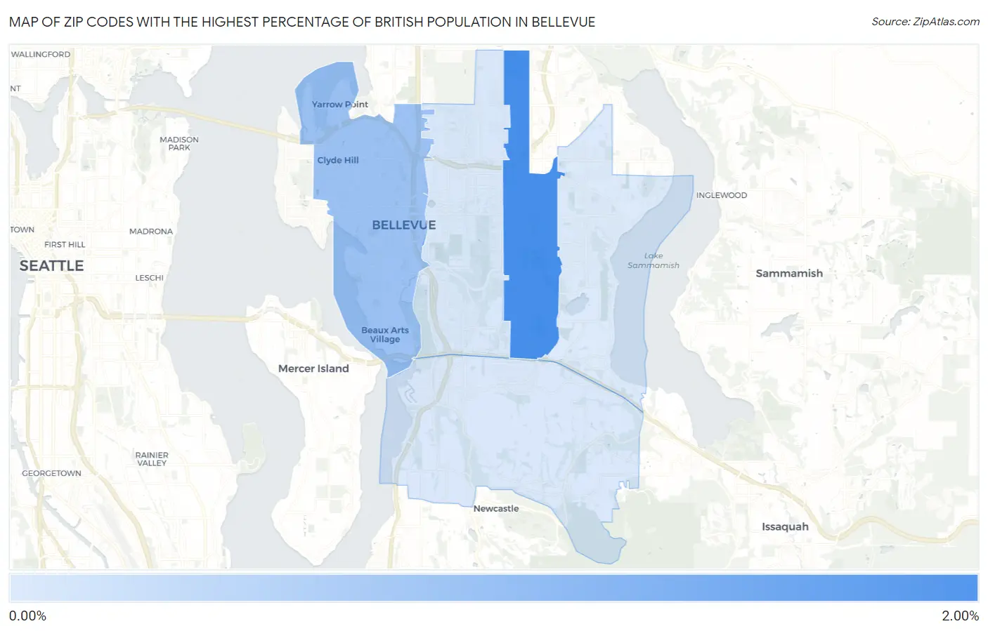 Zip Codes with the Highest Percentage of British Population in Bellevue Map