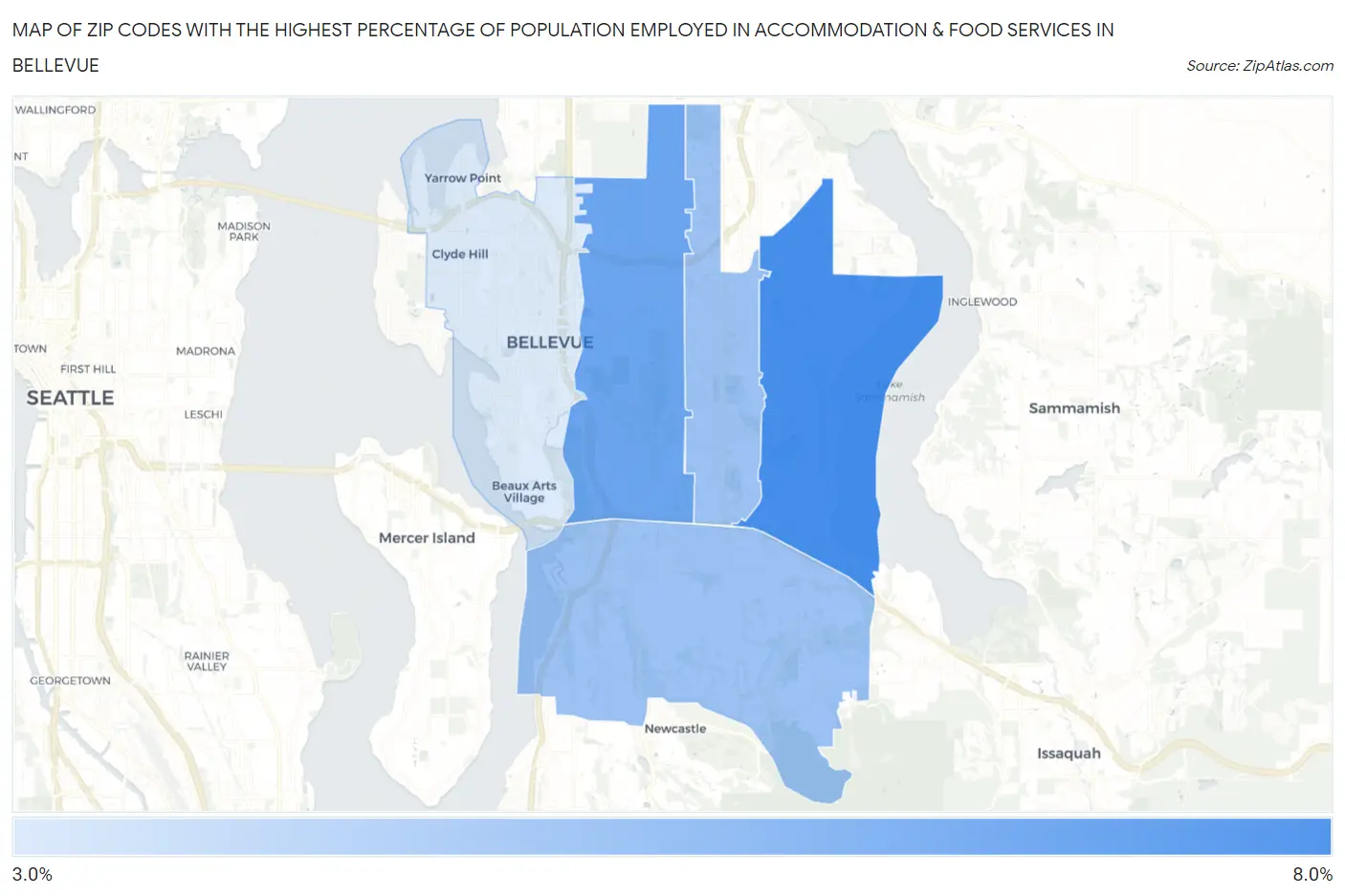Zip Codes with the Highest Percentage of Population Employed in Accommodation & Food Services in Bellevue Map