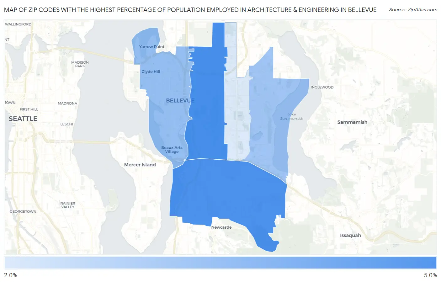 Zip Codes with the Highest Percentage of Population Employed in Architecture & Engineering in Bellevue Map