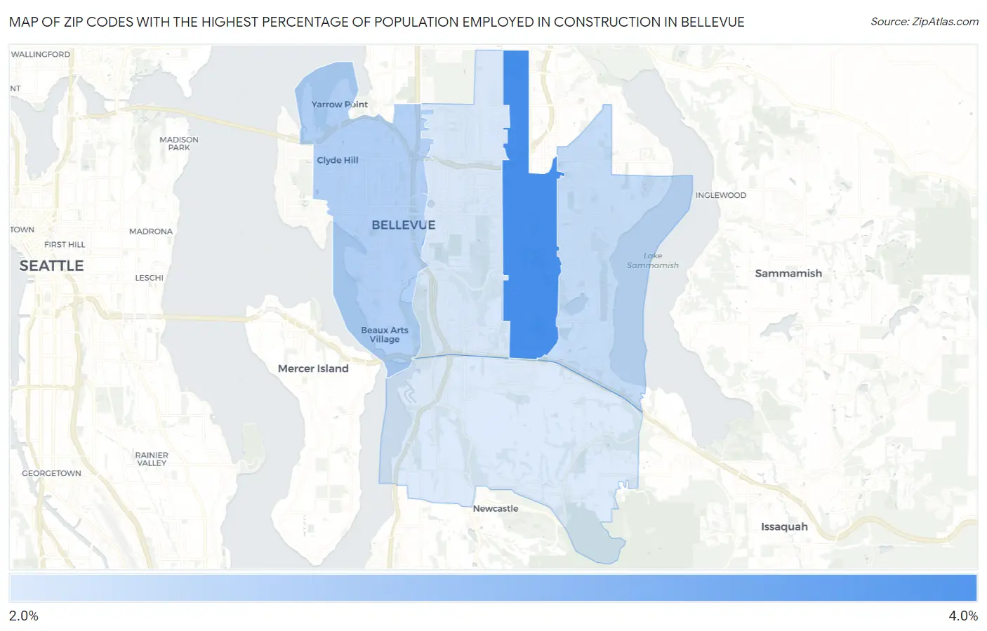 Zip Codes with the Highest Percentage of Population Employed in Construction in Bellevue Map