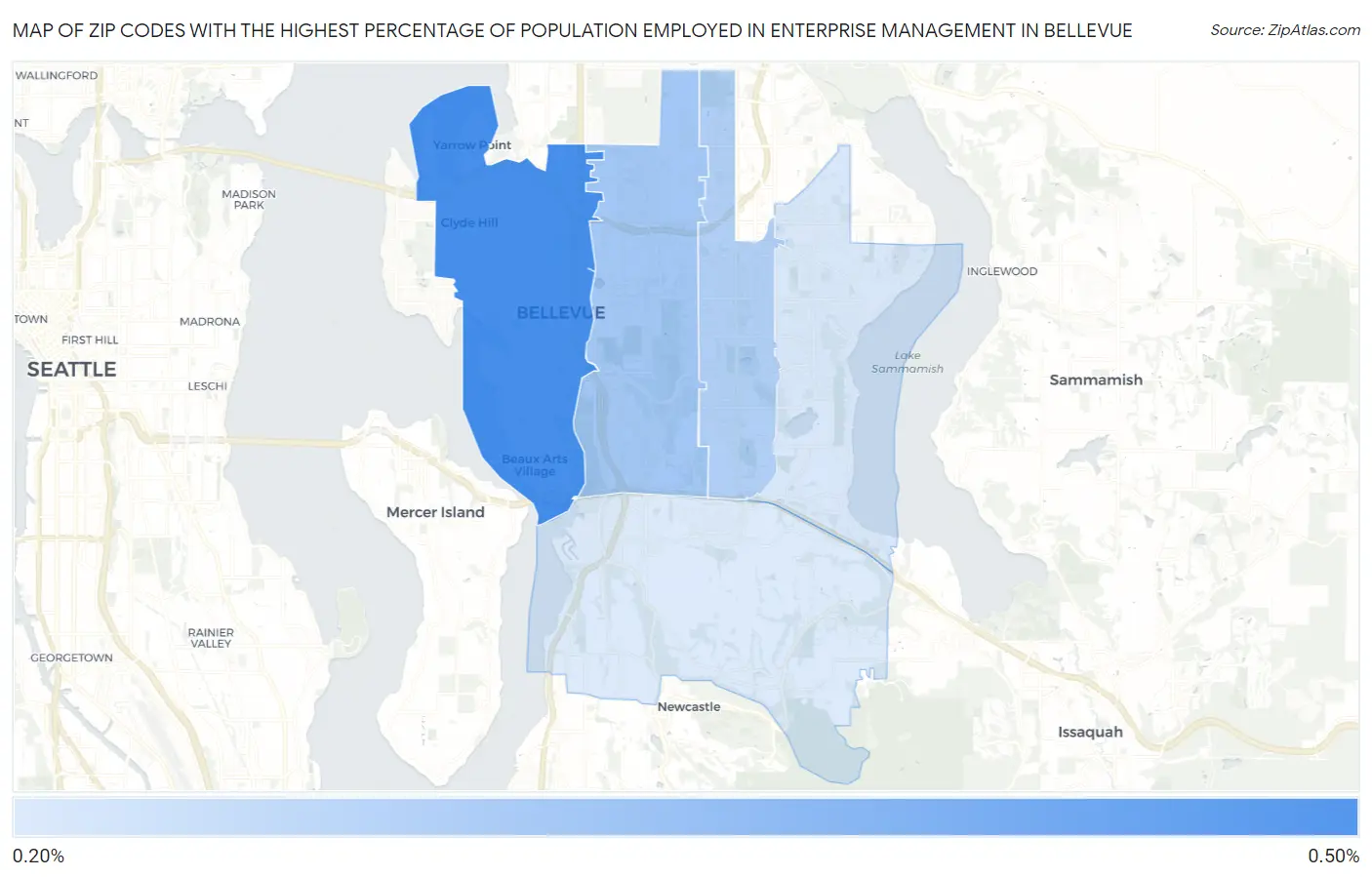 Zip Codes with the Highest Percentage of Population Employed in Enterprise Management in Bellevue Map