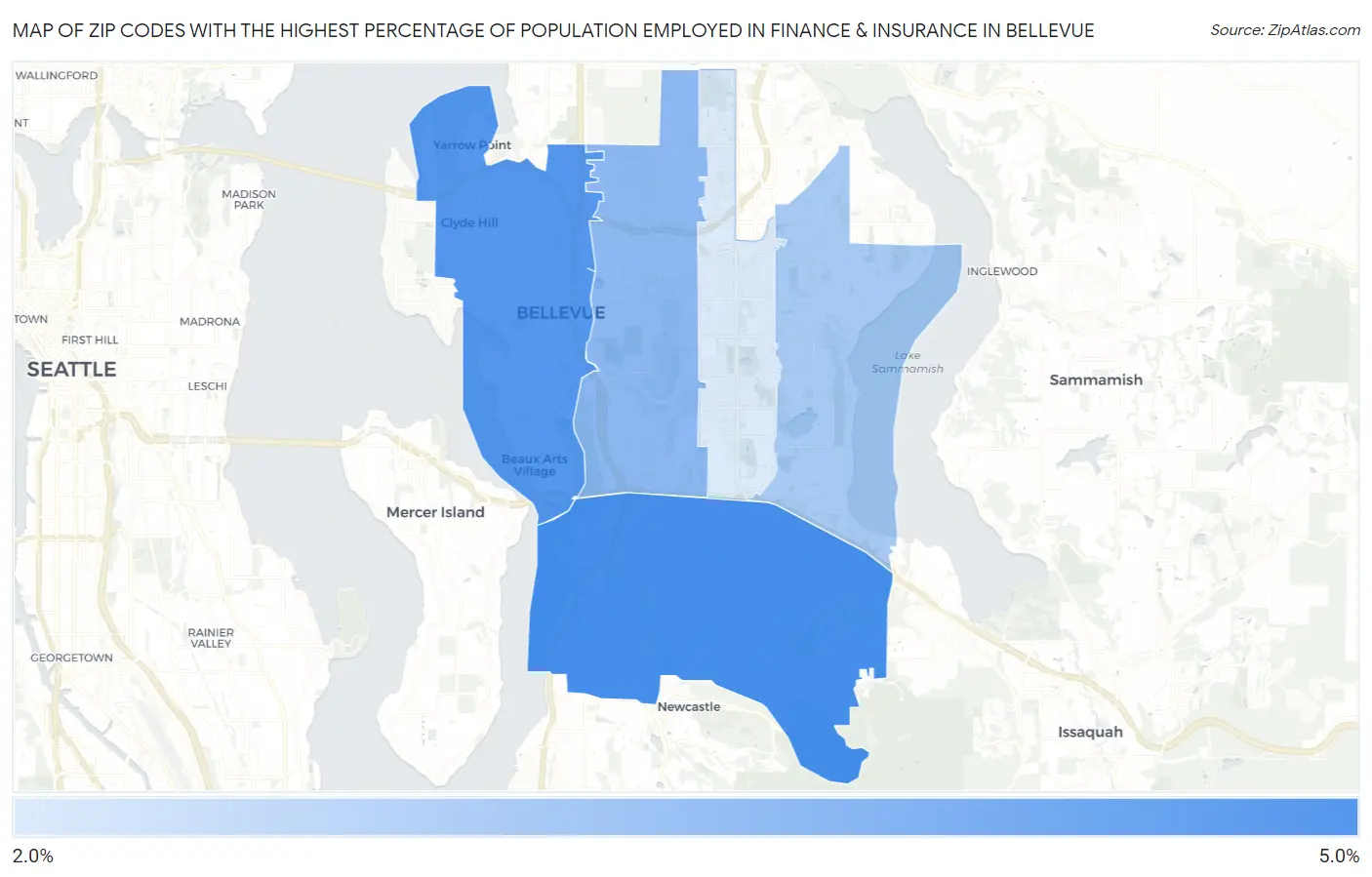 Zip Codes with the Highest Percentage of Population Employed in Finance & Insurance in Bellevue Map