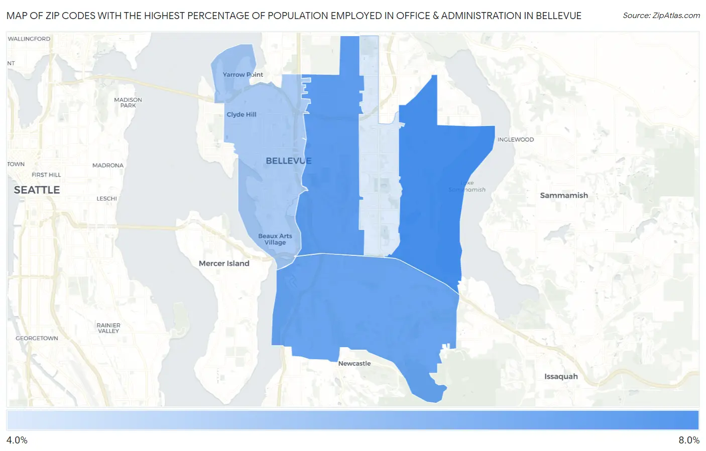 Zip Codes with the Highest Percentage of Population Employed in Office & Administration in Bellevue Map