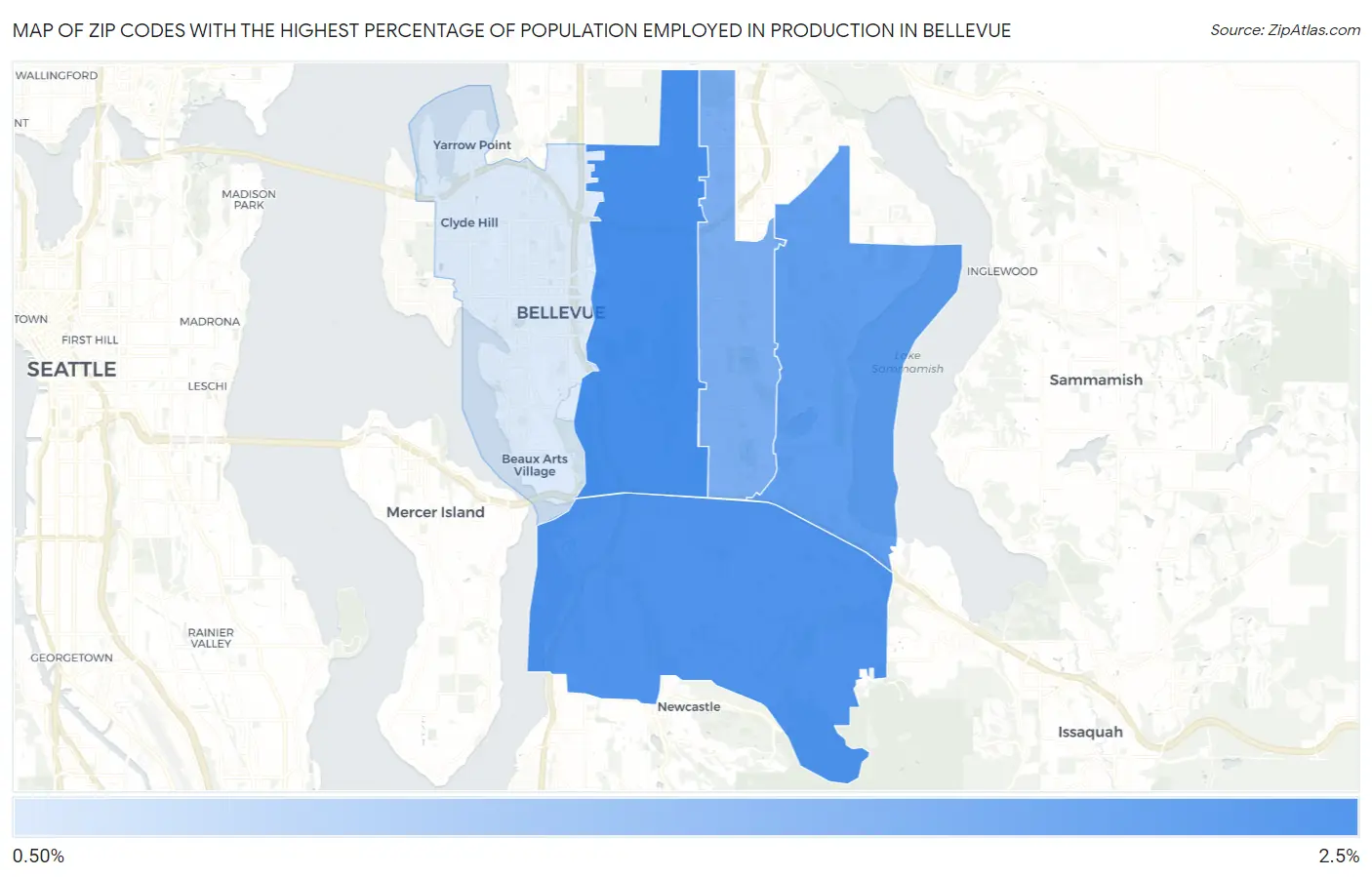 Zip Codes with the Highest Percentage of Population Employed in Production in Bellevue Map