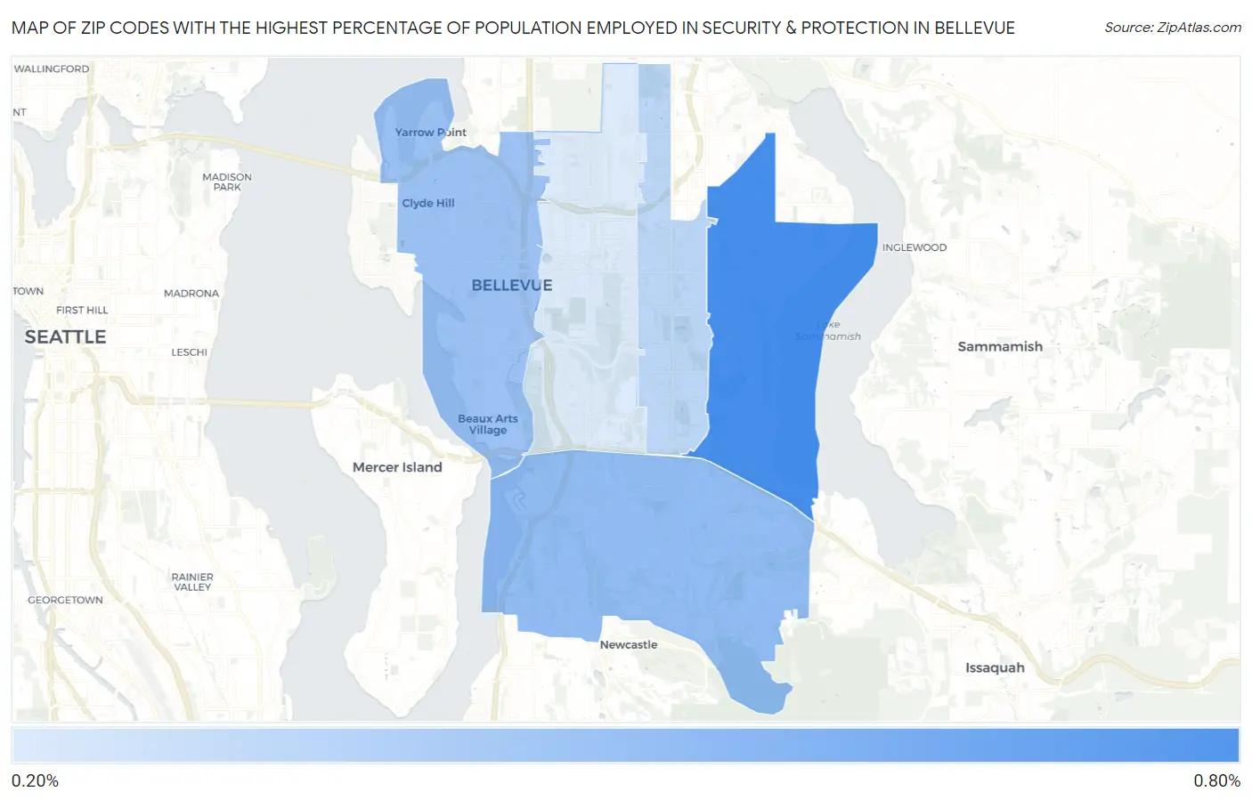 Zip Codes with the Highest Percentage of Population Employed in Security & Protection in Bellevue Map