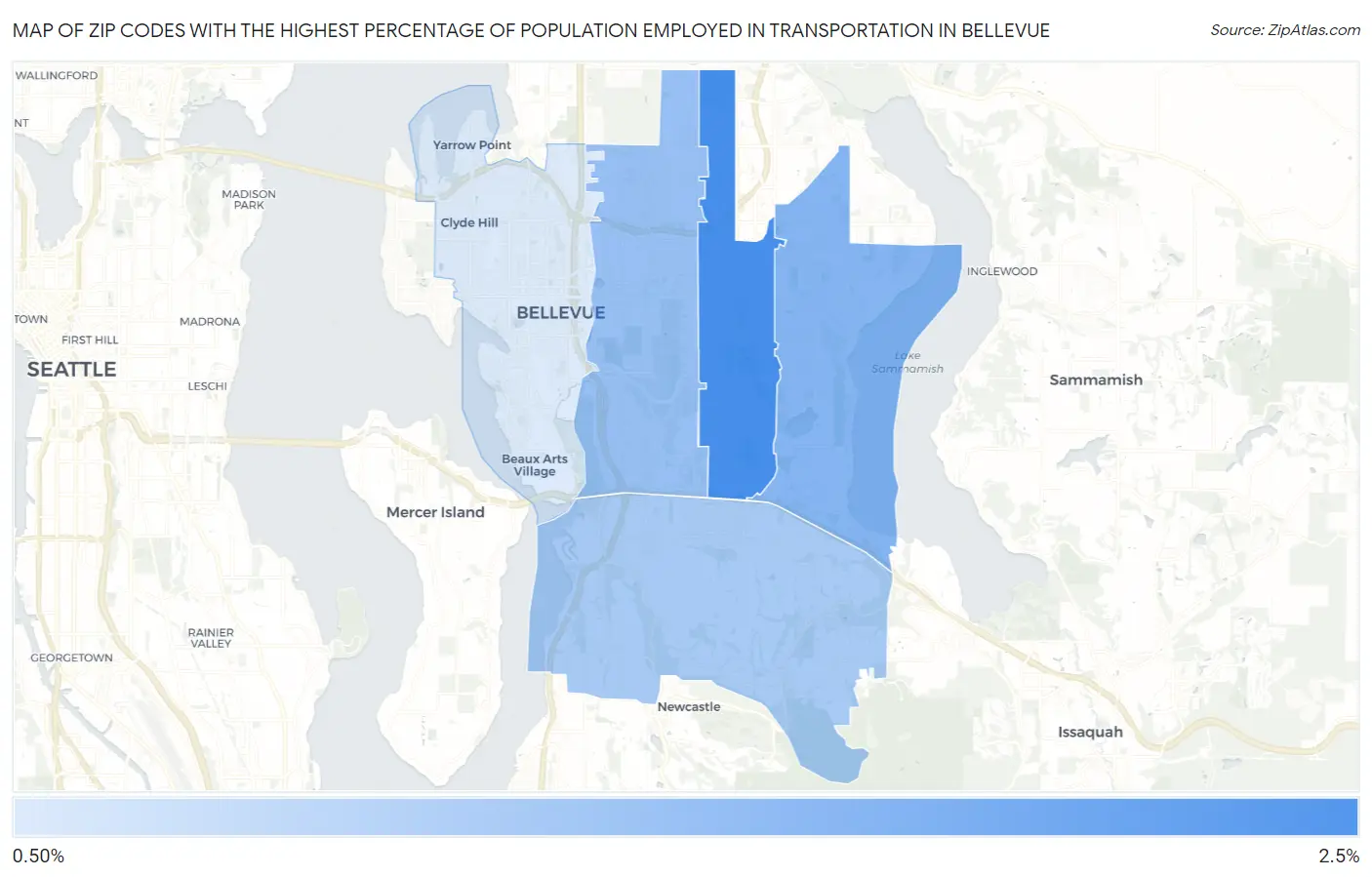 Zip Codes with the Highest Percentage of Population Employed in Transportation in Bellevue Map
