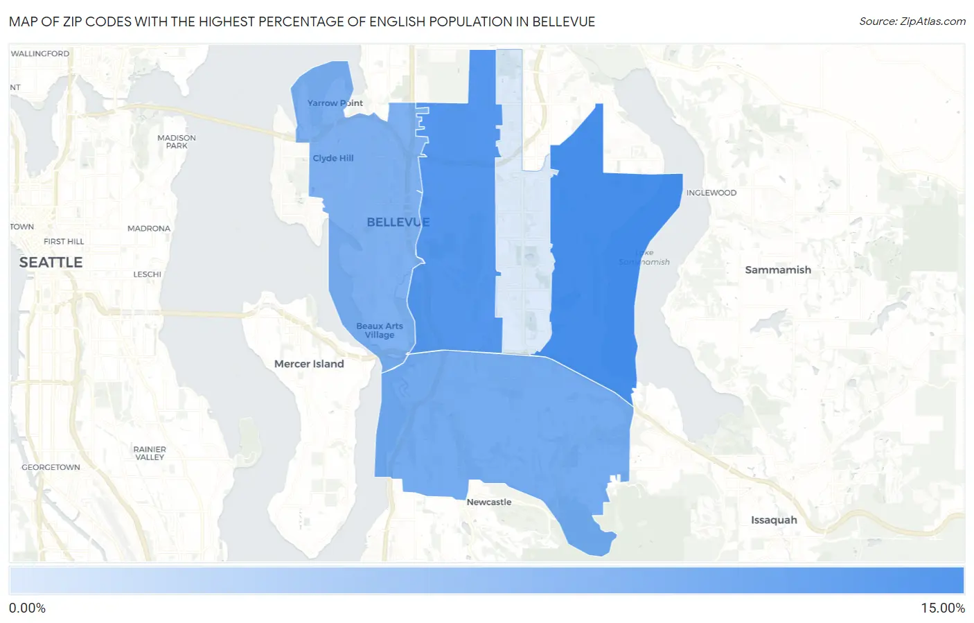 Zip Codes with the Highest Percentage of English Population in Bellevue Map