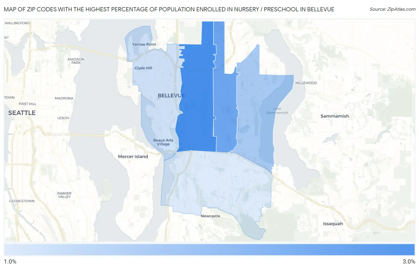 Zip Codes with the Highest Percentage of Population Enrolled in Nursery / Preschool in Bellevue Map