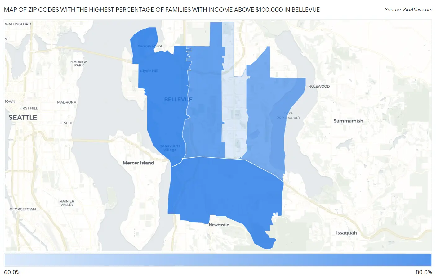 Zip Codes with the Highest Percentage of Families with Income Above $100,000 in Bellevue Map