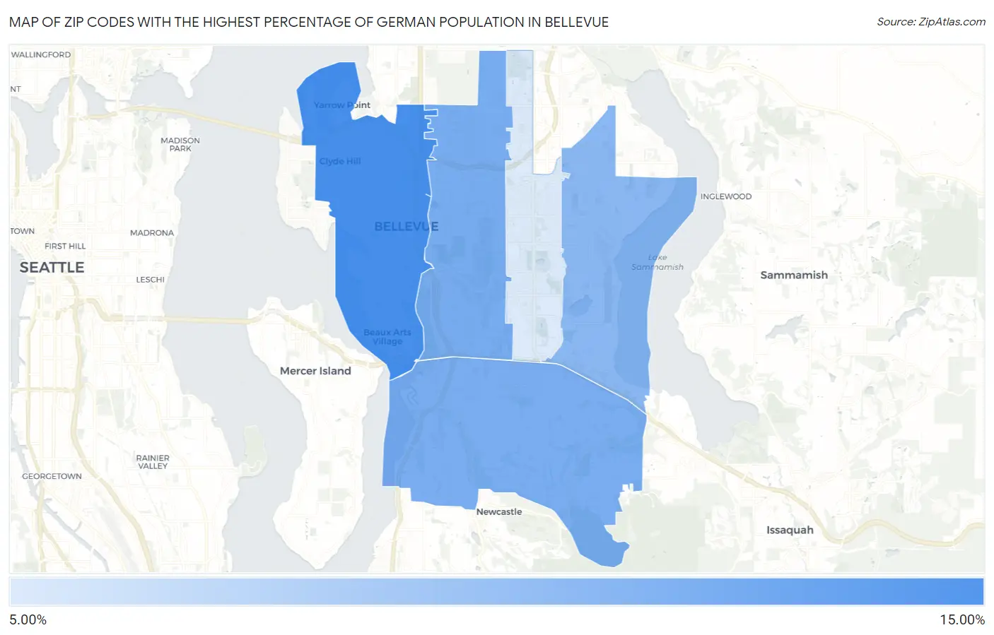 Zip Codes with the Highest Percentage of German Population in Bellevue Map