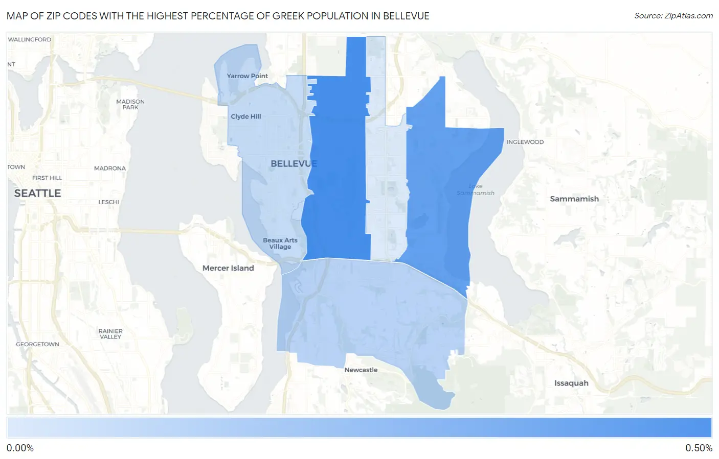 Zip Codes with the Highest Percentage of Greek Population in Bellevue Map