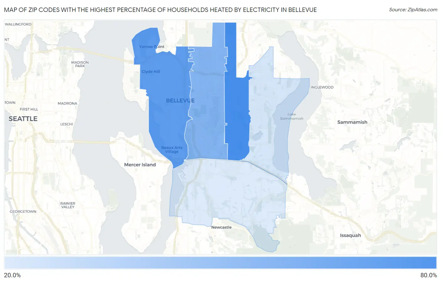 Zip Codes with the Highest Percentage of Households Heated by Electricity in Bellevue Map