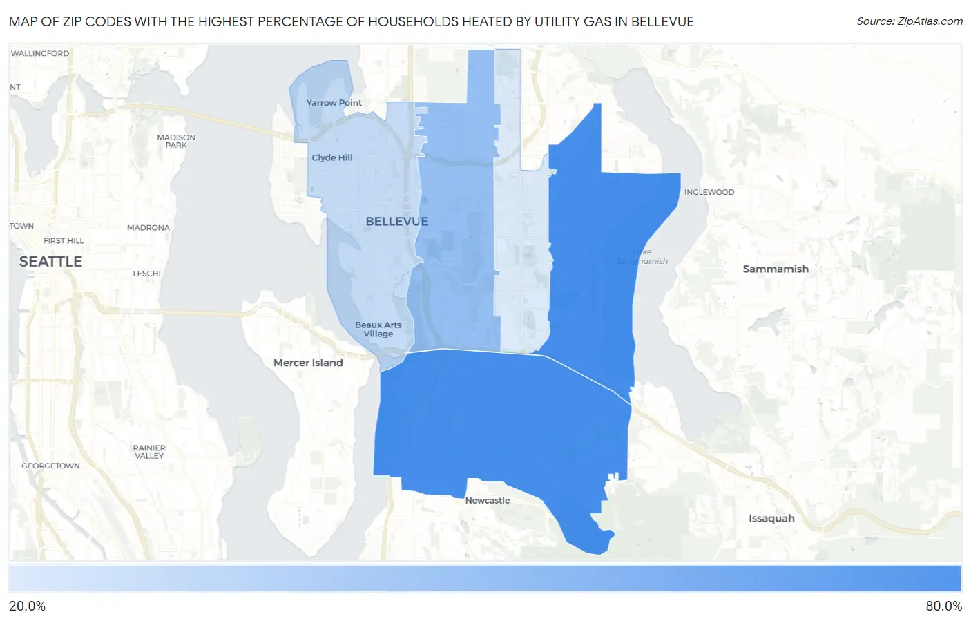 Zip Codes with the Highest Percentage of Households Heated by Utility Gas in Bellevue Map