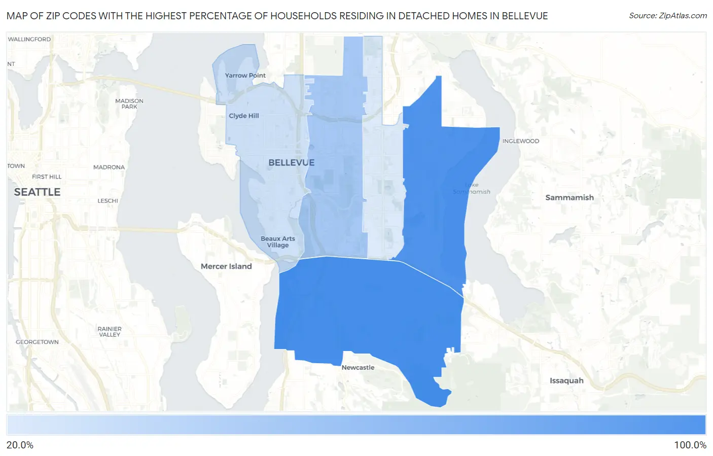 Zip Codes with the Highest Percentage of Households Residing in Detached Homes in Bellevue Map