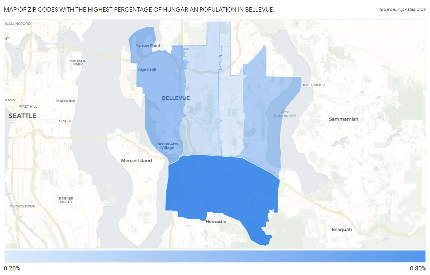 Zip Codes with the Highest Percentage of Hungarian Population in Bellevue Map