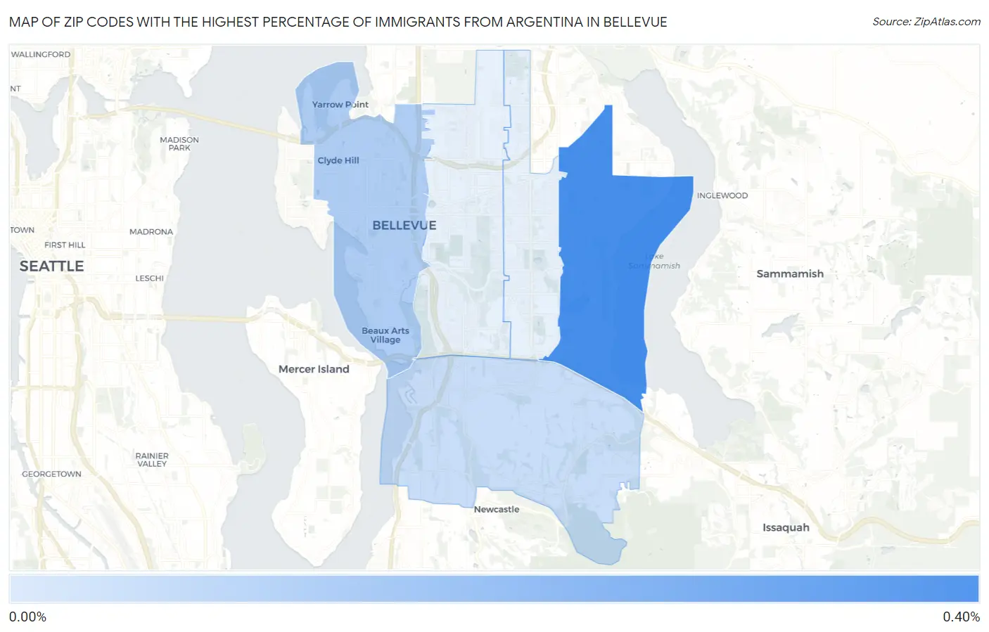 Zip Codes with the Highest Percentage of Immigrants from Argentina in Bellevue Map