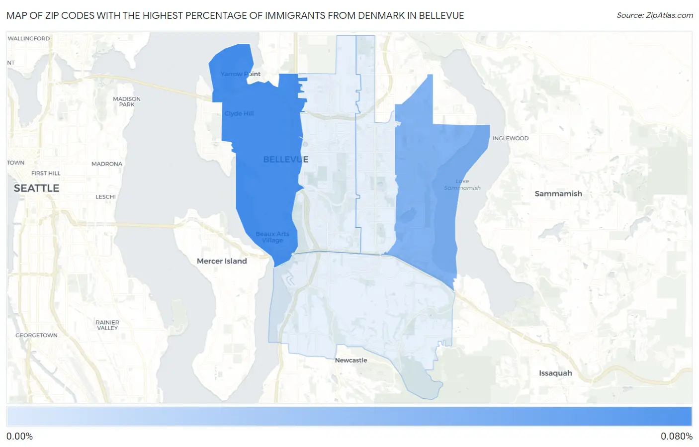 Zip Codes with the Highest Percentage of Immigrants from Denmark in Bellevue Map