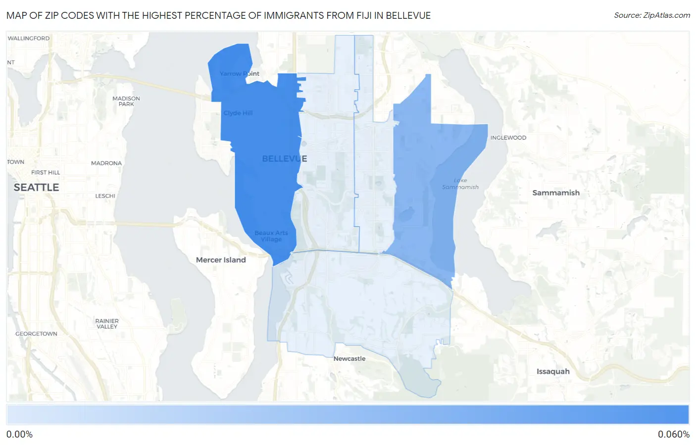 Zip Codes with the Highest Percentage of Immigrants from Fiji in Bellevue Map